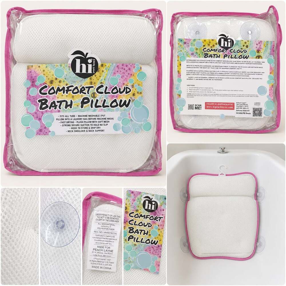 Peach Layne Comfort Cloud Bath Pillow Neck Back Support Suction Cups New